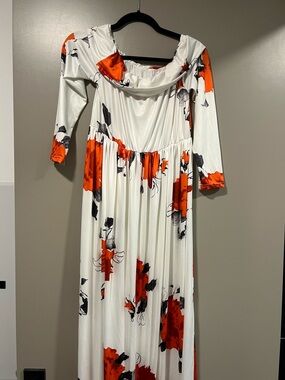 White Maxi Dress with Orange Floral Print and Cowl Neck
